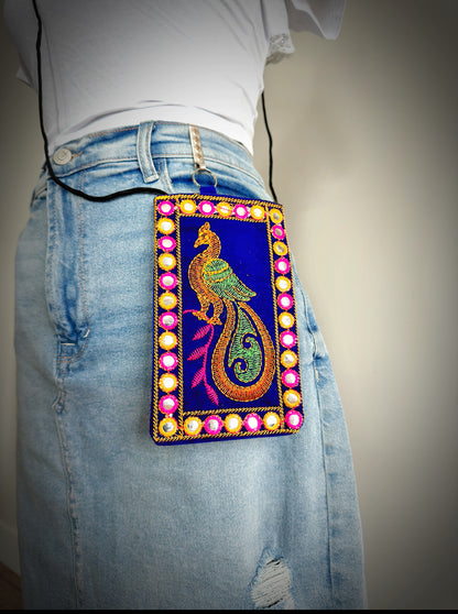 Boho style Kutch Work Waist Hangable Mobile Pouches-Blue's - Femantraa