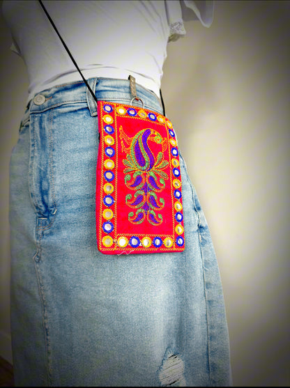 Boho style Kutch Work Waist Hangable Mobile Pouches-Pink's - Femantraa