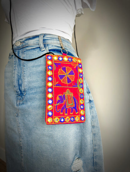 Boho style Kutch Work Waist Hangable Mobile Pouches-Pink's - Femantraa