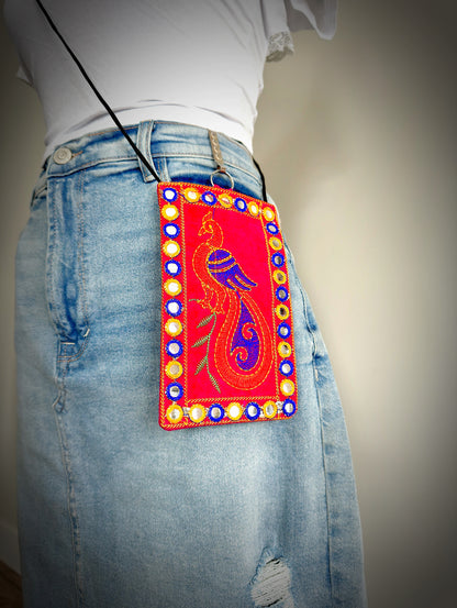 Boho style Kutch Work Waist Hangable Mobile Pouches-Pink's - Femantraa