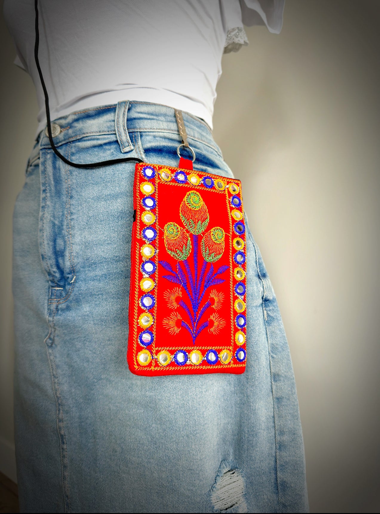 Boho style Kutch Work Waist Hangable Mobile Pouches-Red's - Femantraa