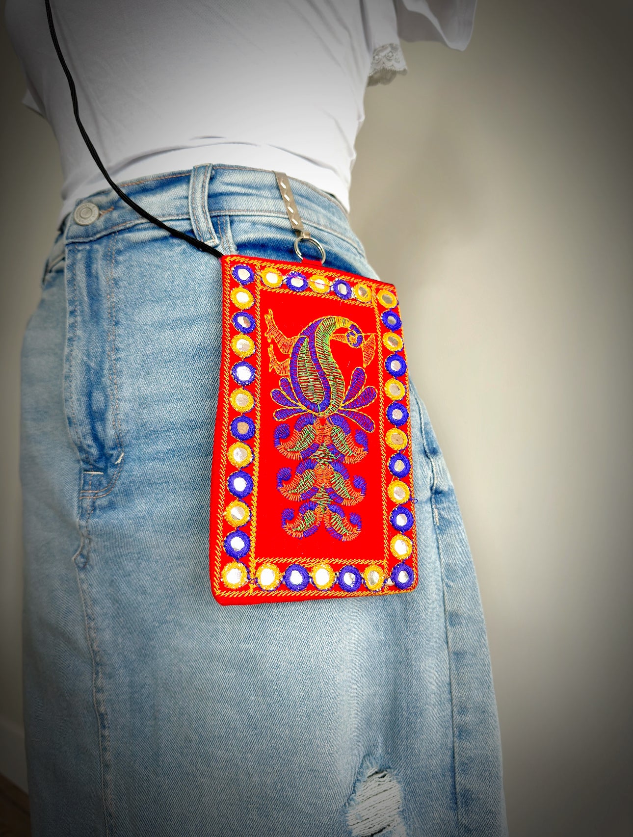 Boho style Kutch Work Waist Hangable Mobile Pouches-Red's - Femantraa