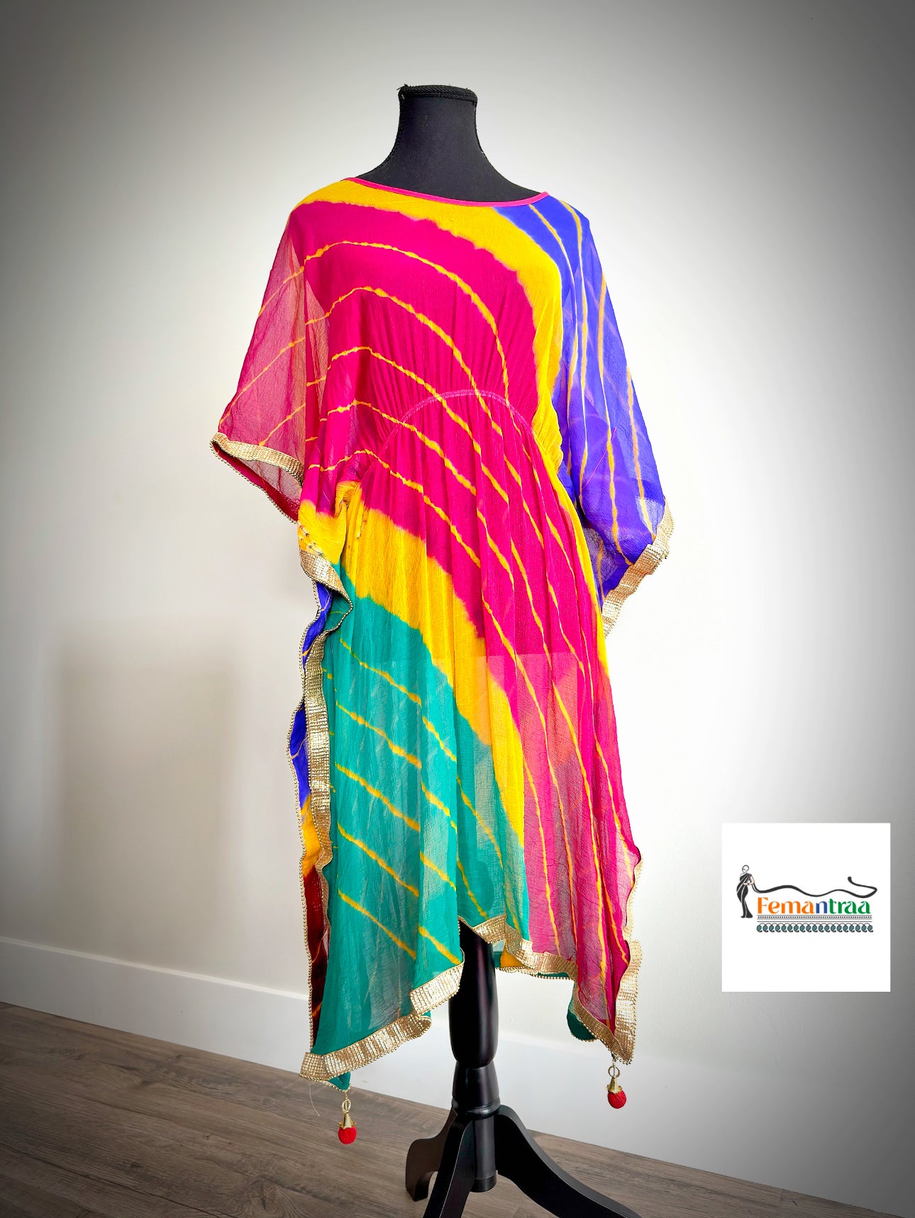 Leheriya kaftan tunic in soft flowy chiffon - Femantraa