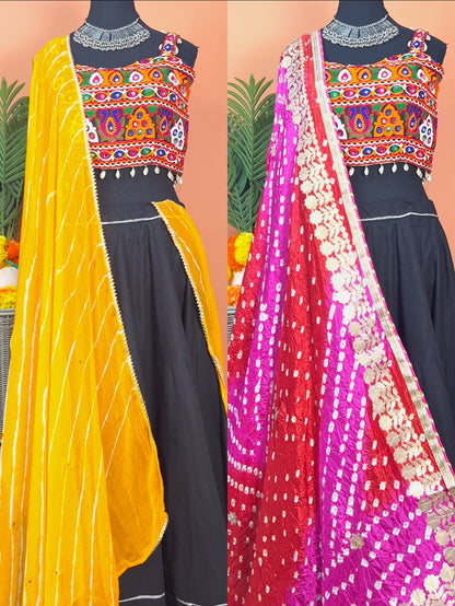 Black Chaniya with Heavy Kutch Mirror Work Choli and Jaipuri Dupatta - Femantraa