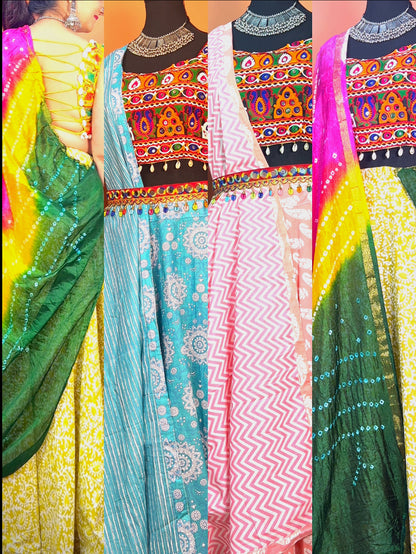 Handblock prints cotton Chaniya with Kutch Mirror Work Choli & matching Dupatta - Femantraa