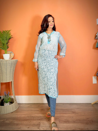 Lucknowi Chikankari Long Kurti (Tunic with slits)