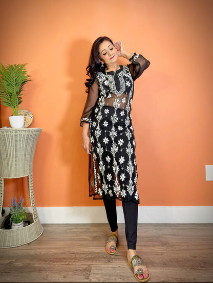 Chikankari Black Kurti Tunic with Slits