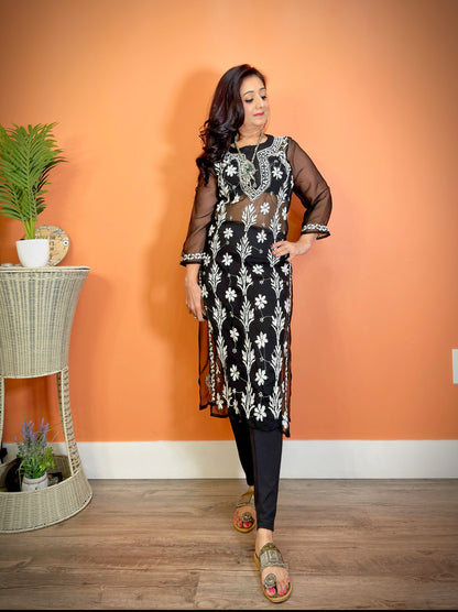 Chikankari Black Kurti Tunic with Slits