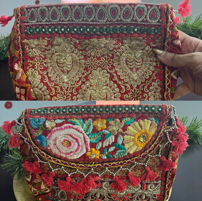 Colorful Vintage Patchwork Clutches with Hippie Coins: Boho Chic - Femantraa