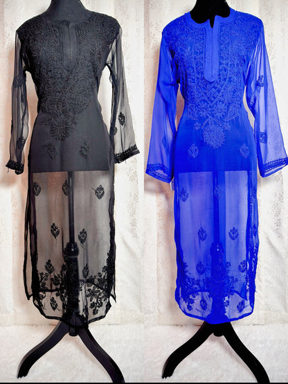 Monochrome Chikankari Kurti: Chic Tunic with Slits - Femantraa