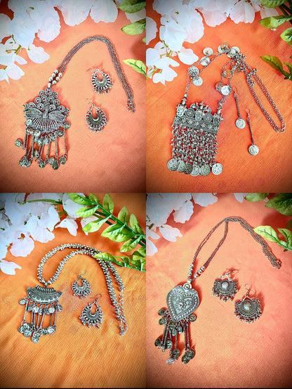 Artistic Oxidized Long Coin adorned Necklace sets - Femantraa