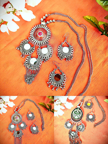 Artistic Oxidized Long Mirror adorned Necklace sets - Femantraa