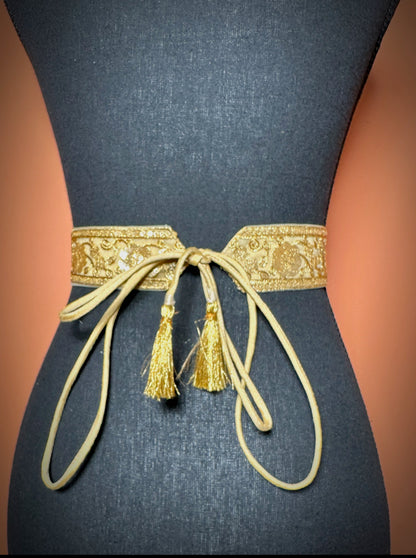 Handmade sequin tie-on golden work zari belt - Femantraa