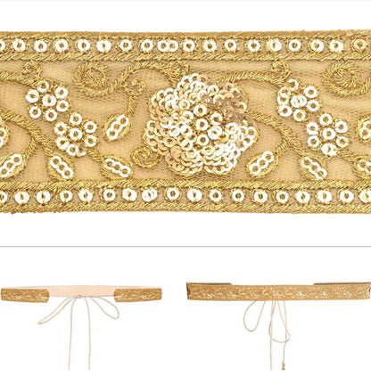 Handmade sequin tie-on golden work zari belt - Femantraa