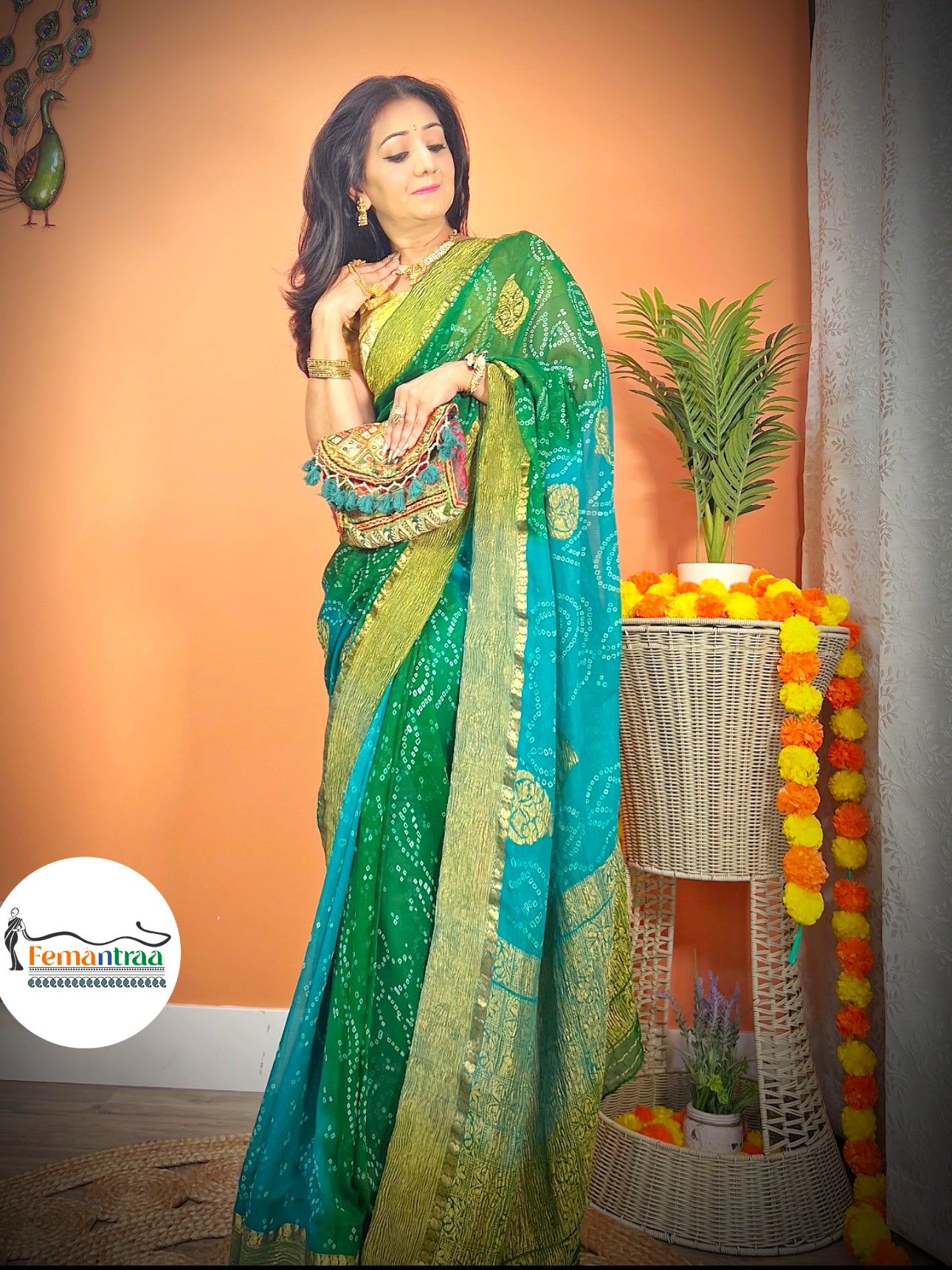 Dual shaded Green Blue Bandhini Zari Saree - Femantraa