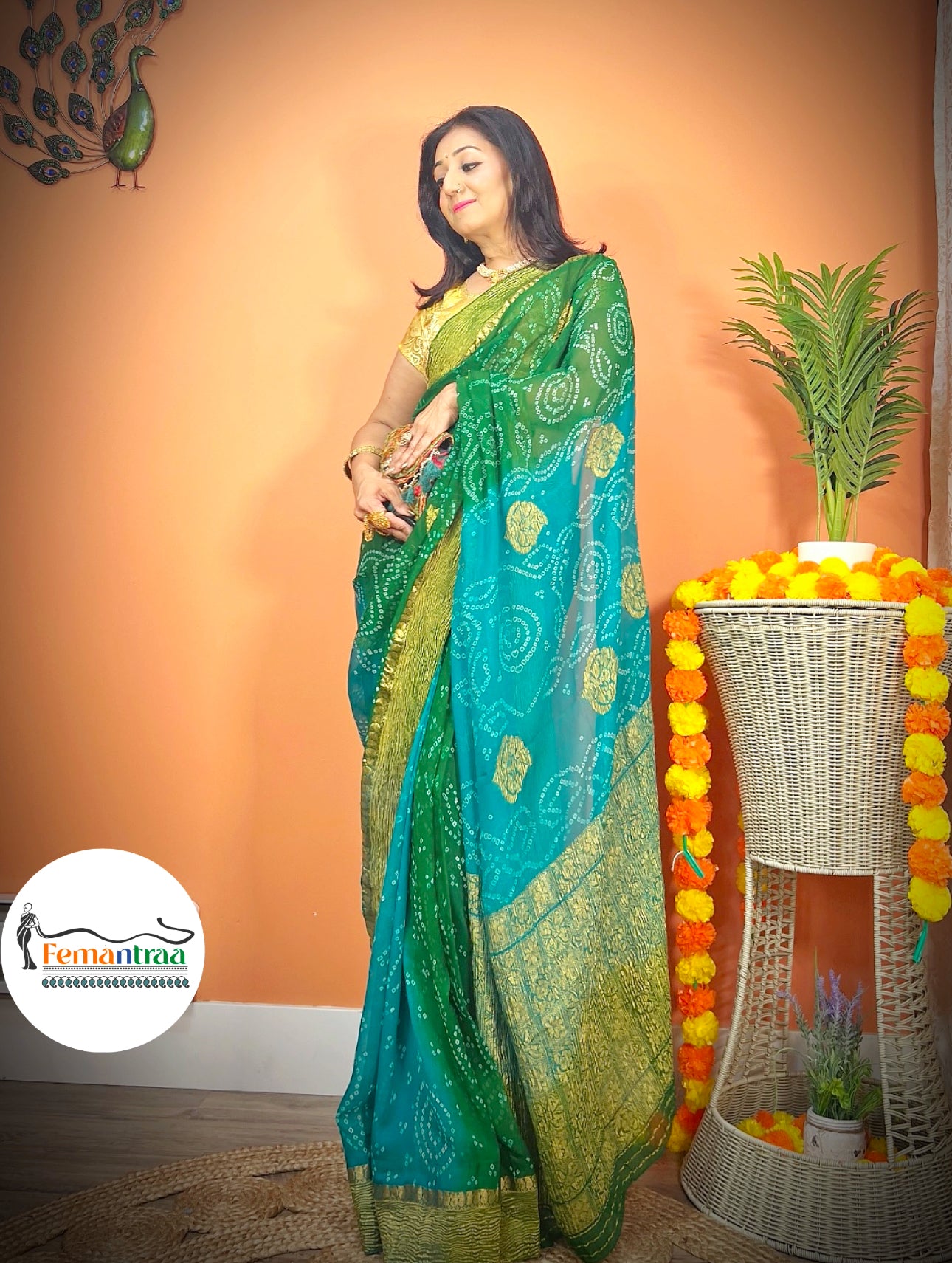 Dual shaded Green Blue Bandhini Zari Saree - Femantraa