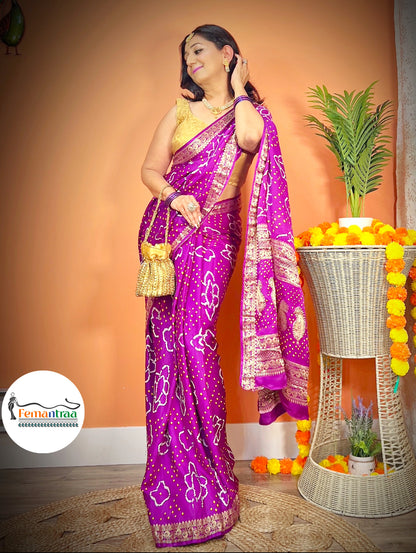 Purple Bandhini pure Gajji Silk Zari Saree - Femantraa