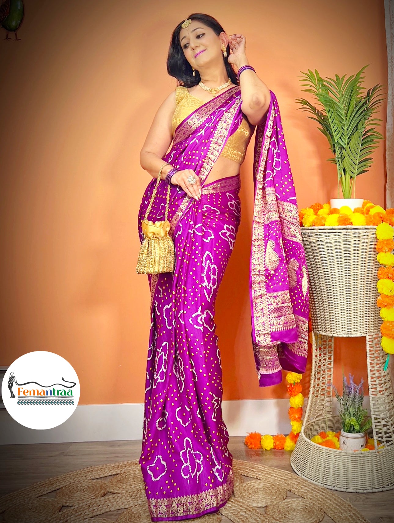 Purple Bandhini pure Gajji Silk Zari Saree - Femantraa