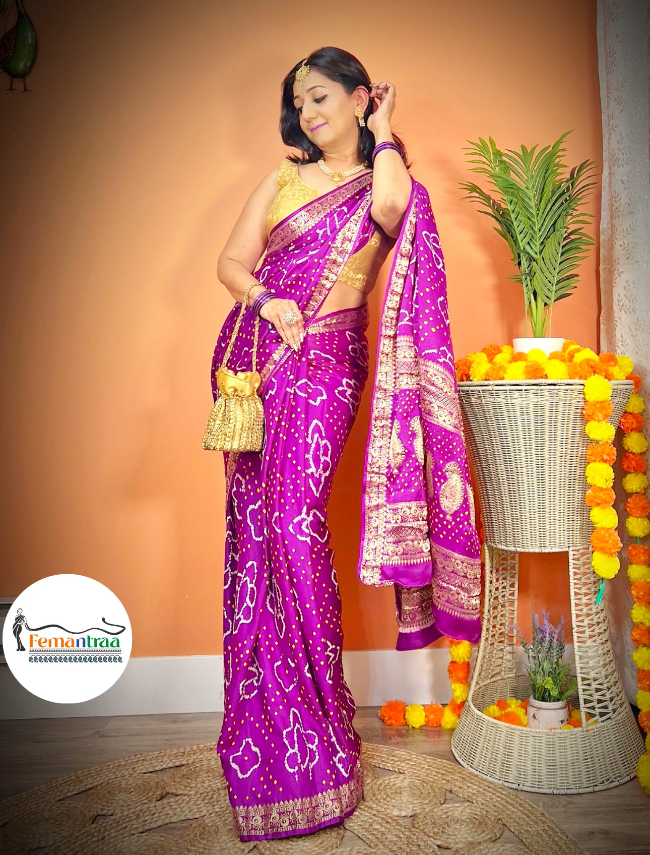 Purple Bandhini pure Gajji Silk Zari Saree - Femantraa