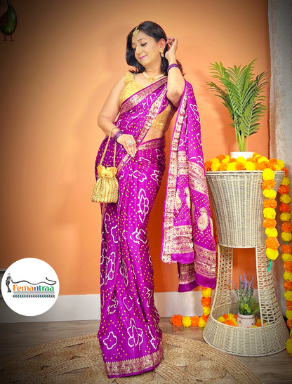 Purple Bandhini pure Gajji Silk Zari Saree - Femantraa