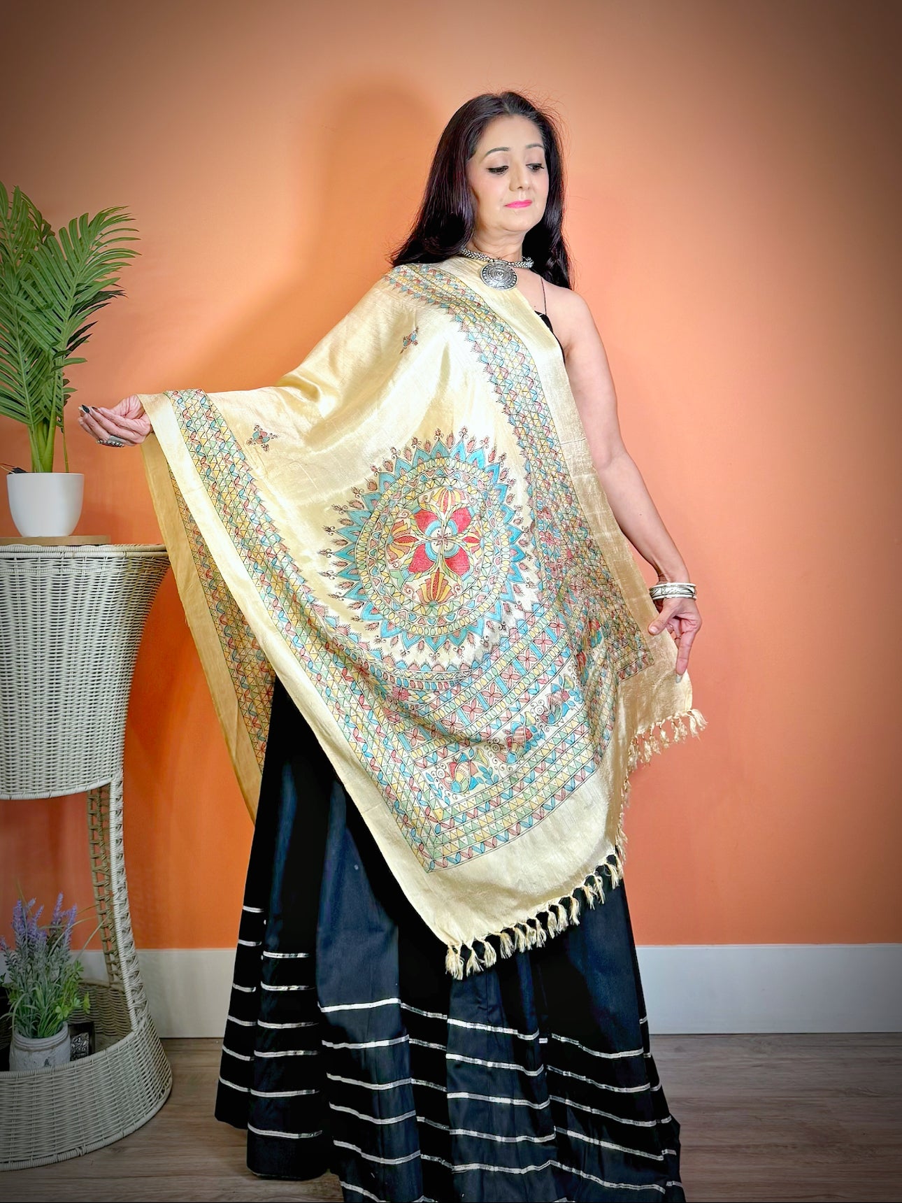 Boho Madhubani Ethnic Silk Scarf Stole: Artisanal Elegance