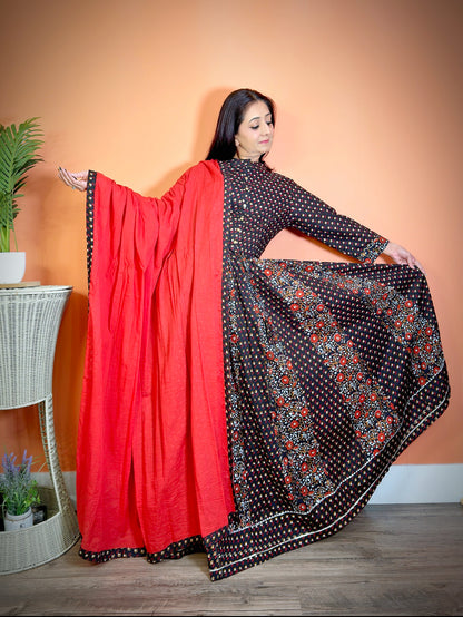 Red-Black Cotton Mulmul Sanganeri Lehenga Set - Femantraa