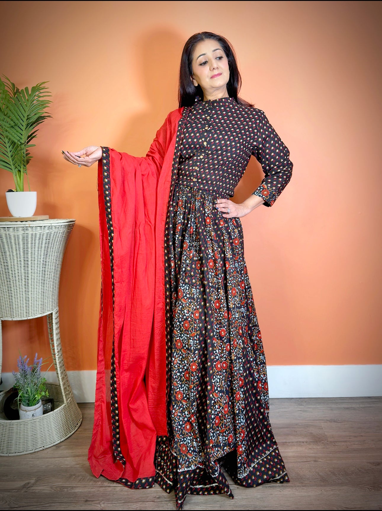 Red-Black Cotton Mulmul Sanganeri Lehenga Set - Femantraa