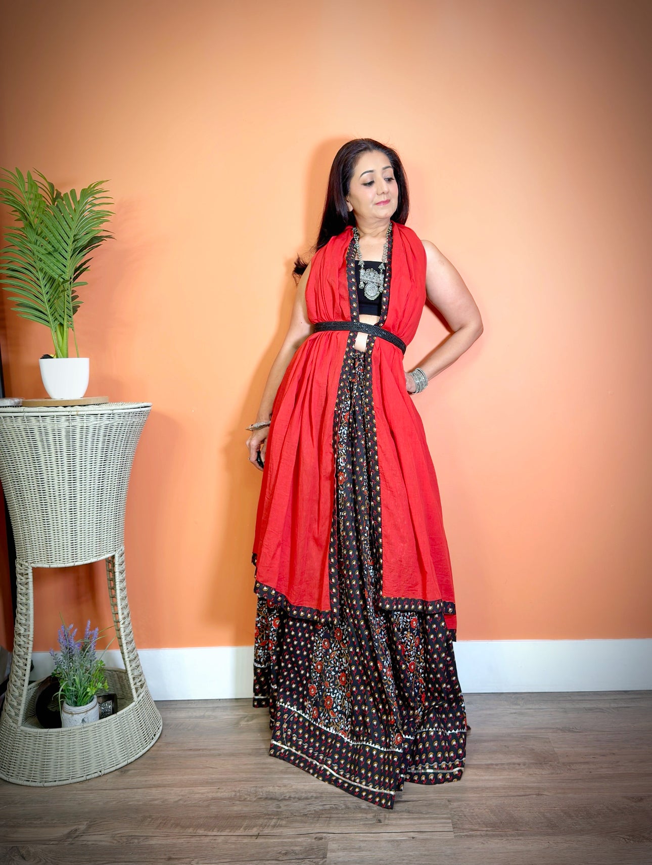 Red-Black Cotton Mulmul Sanganeri Lehenga Set - Femantraa