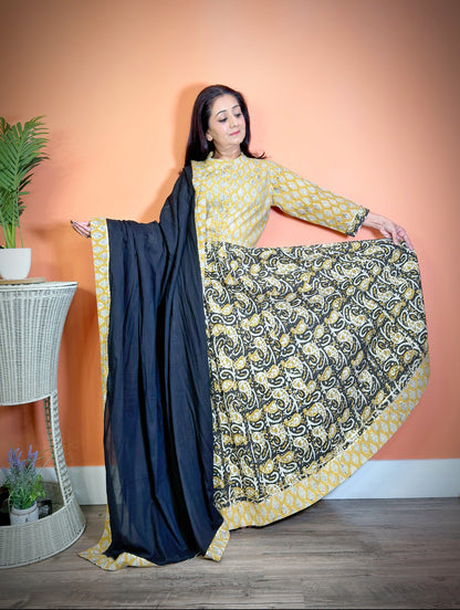 Yellow Cotton Mulmul Sanganeri Lehenga Set - Femantraa