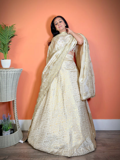 Golden embroidered lehenga set with pure chanderi silk dupatta - Femantraa