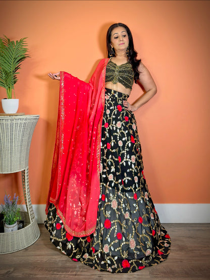 Lightweight Black Rose embroidery Lehenga Set with Leheriya dupatta - Femantraa