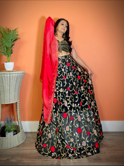 Lightweight Black Rose embroidery Lehenga Set with Leheriya dupatta - Femantraa