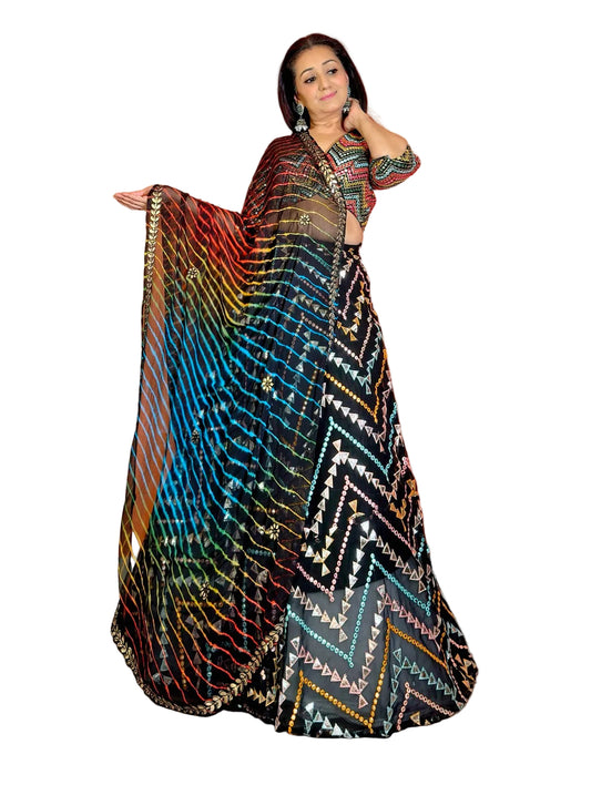 Lightweight Black Embroidered Lehenga Set with Leheriya dupatta - Femantraa