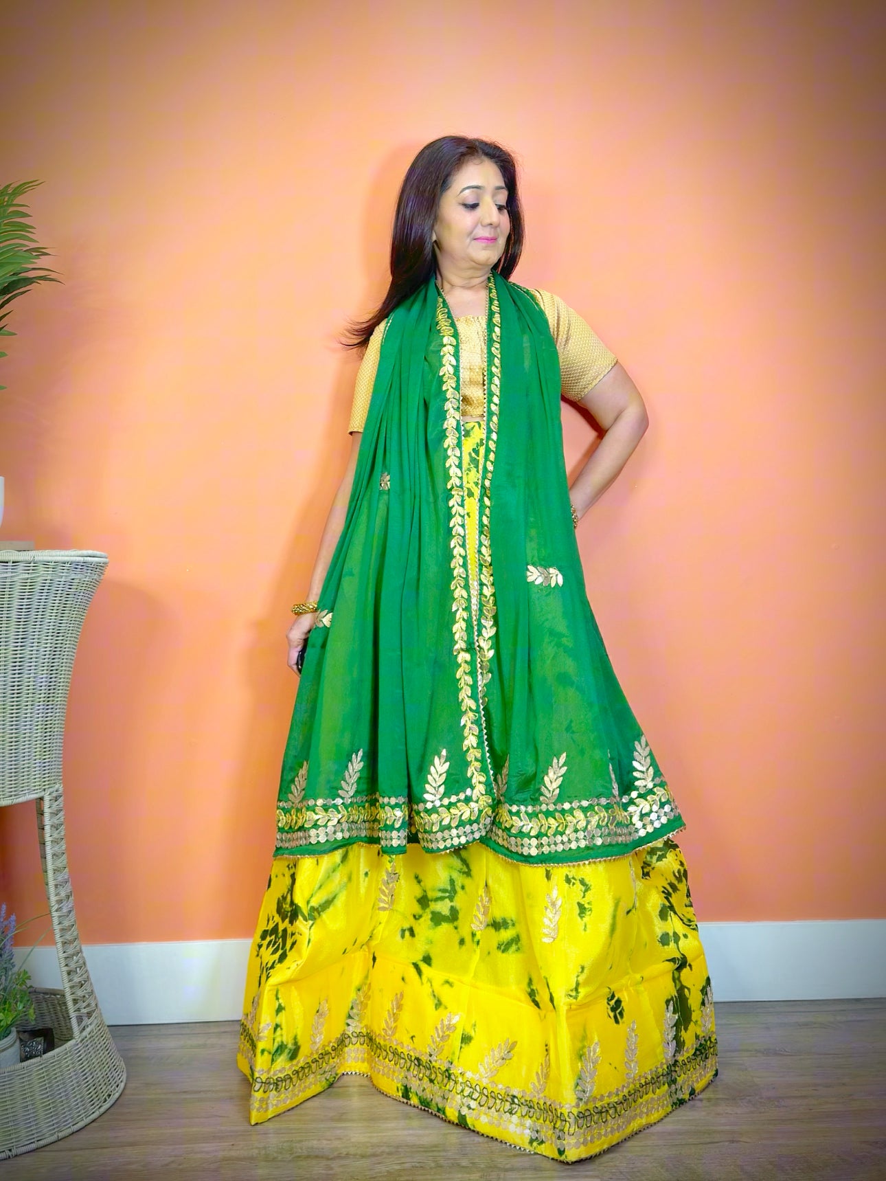 Elegant Green Chinnon Silk Shibori Gota Patti Lehenga Set - Femantraa