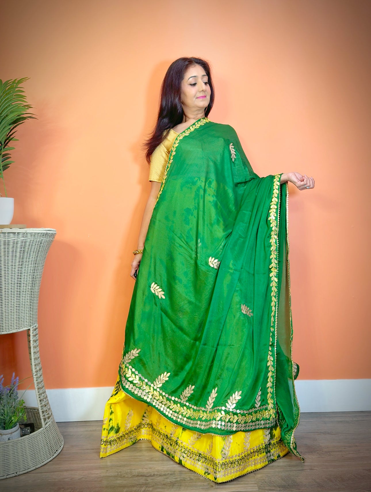 Elegant Green Chinnon Silk Shibori Gota Patti Lehenga Set - Femantraa