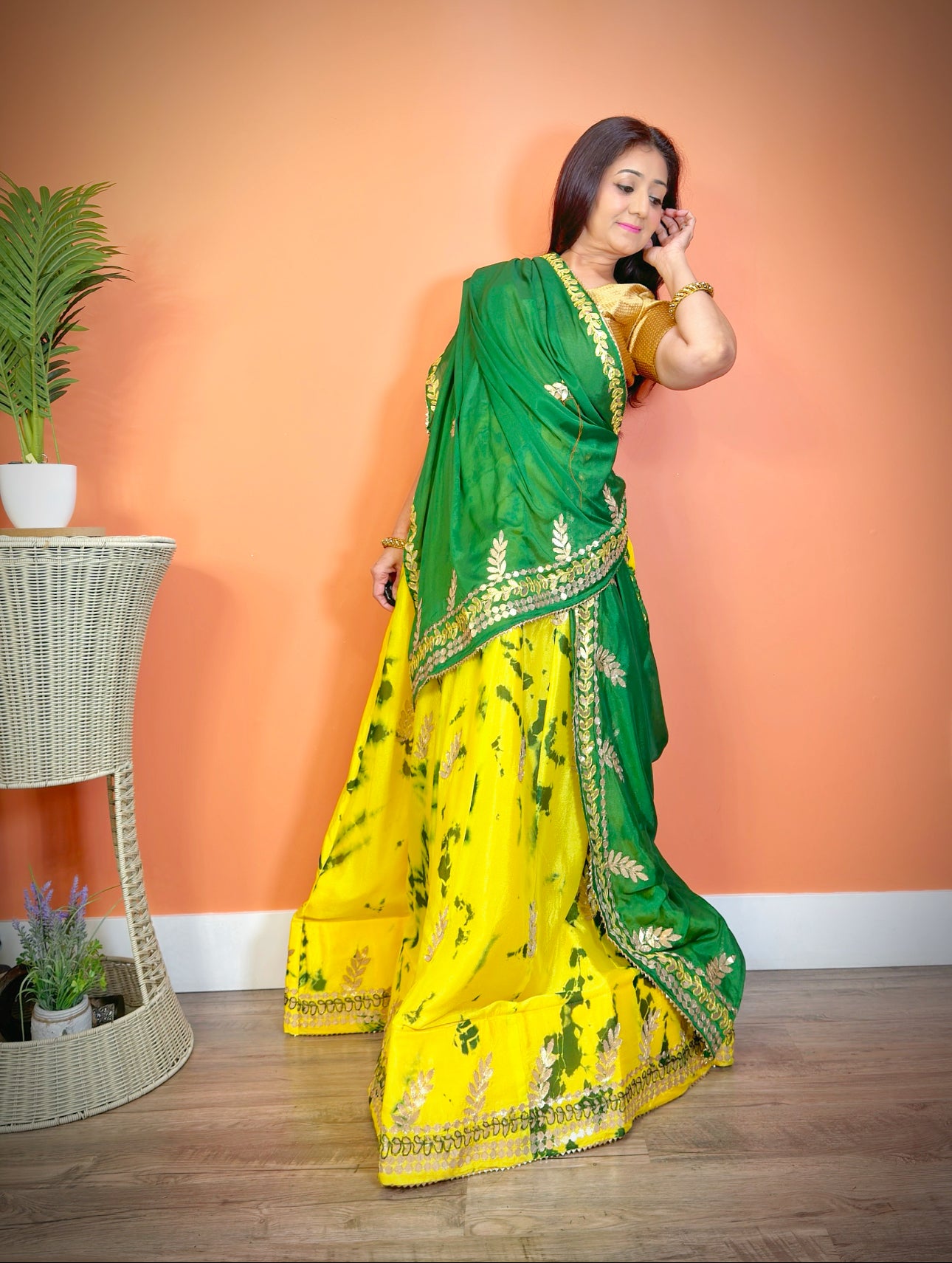 Elegant Green Chinnon Silk Shibori Gota Patti Lehenga Set - Femantraa