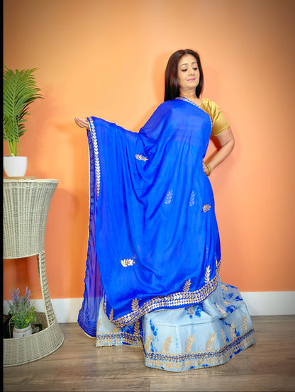 Elegant Blue Chinnon Silk Shibori Gota Patti Lehenga Set - Femantraa