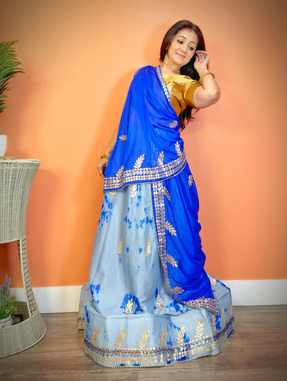 Elegant Blue Chinnon Silk Shibori Gota Patti Lehenga Set - Femantraa