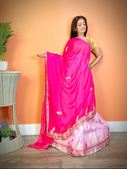 Elegant Pink Chinnon Silk Shibori Gota Patti Lehenga Set - Femantraa