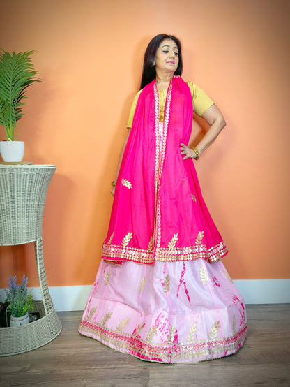 Elegant Pink Chinnon Silk Shibori Gota Patti Lehenga Set - Femantraa