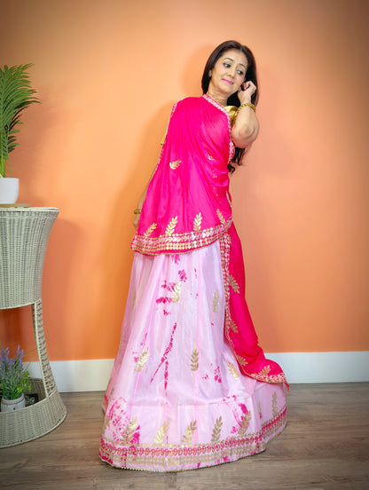 Elegant Pink Chinnon Silk Shibori Gota Patti Lehenga Set - Femantraa