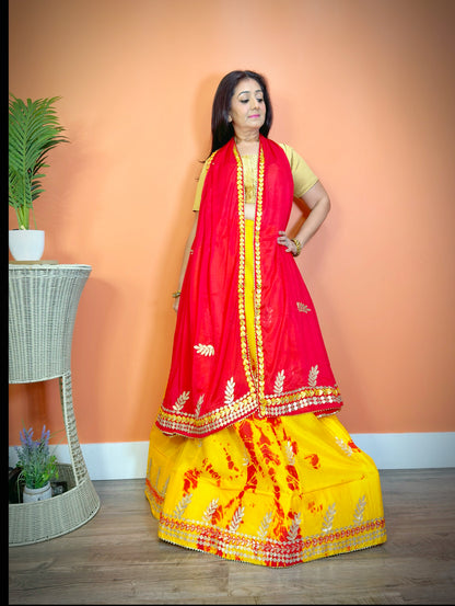 Elegant Red Chinnon Silk Shibori Gota Patti Lehenga Set - Femantraa