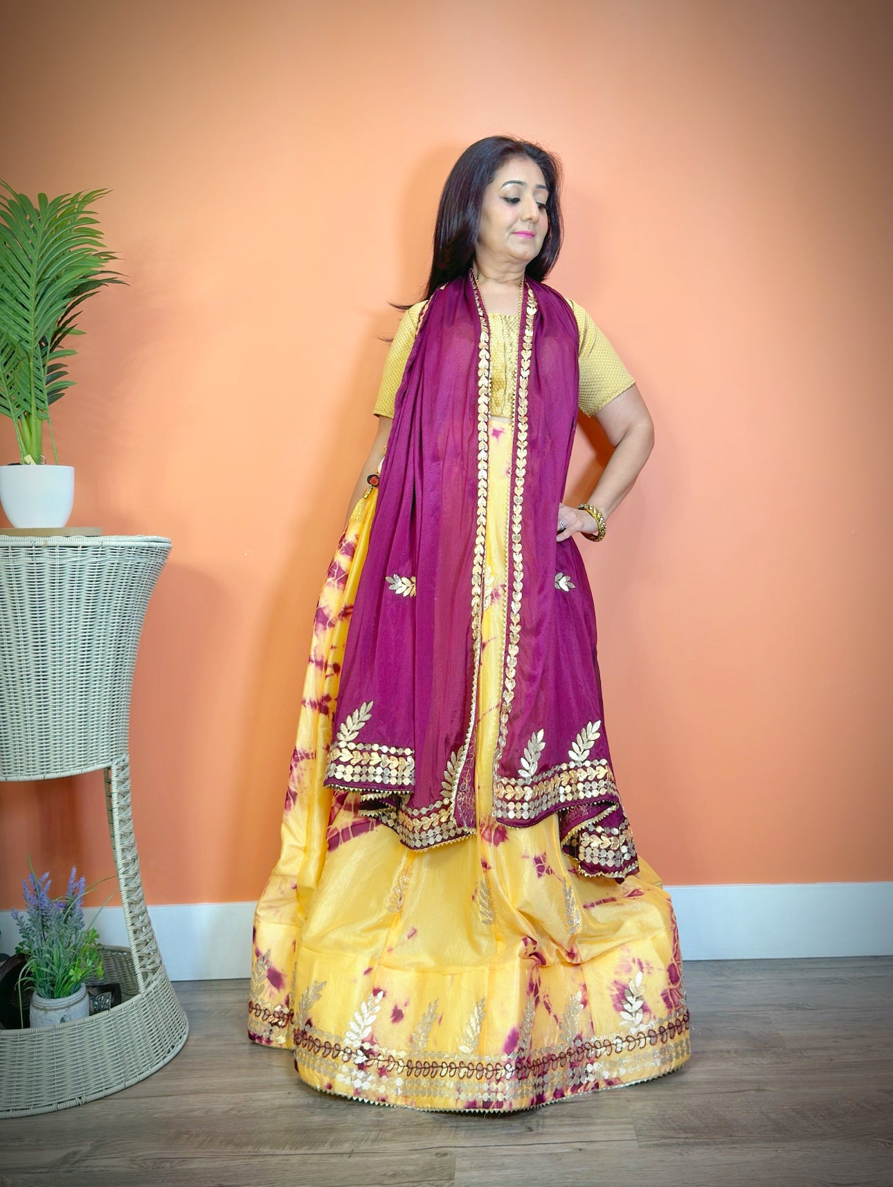 Elegant Wine Chinnon Silk Shibori Gota Patti Lehenga Set - Femantraa