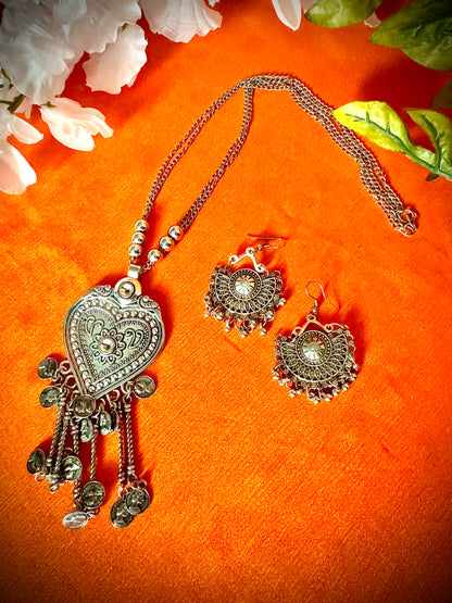 Artistic Oxidized Long Coin adorned Necklace sets - Femantraa