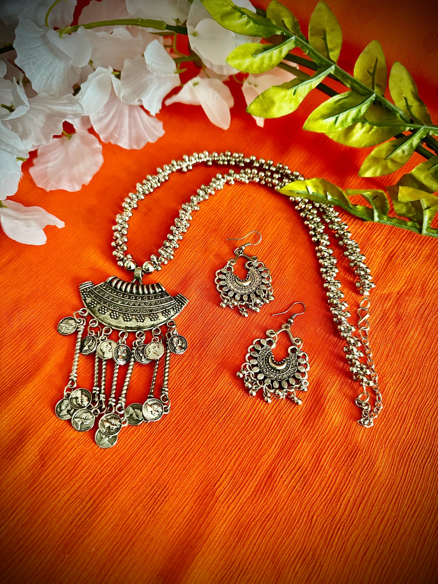 Artistic Oxidized Long Coin adorned Necklace sets - Femantraa