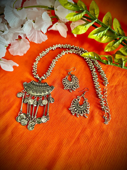 Artistic Oxidized Long Coin adorned Necklace sets - Femantraa