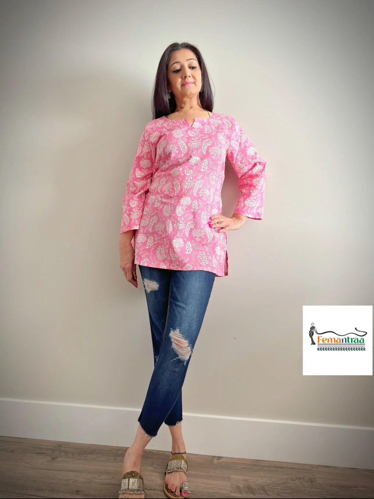 Boho Chic: Vibrant Mulmul Cotton Handblock Print Tunic Kurtis - Femantraa