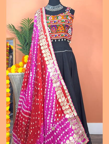 Black Chaniya with Heavy Kutch Mirror Work Choli and Jaipuri Dupatta - Femantraa