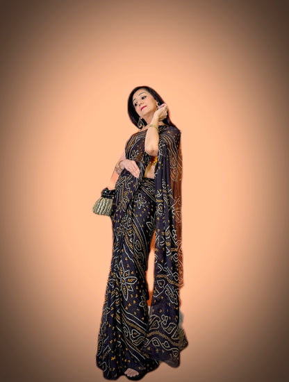 Black Bandhini Saree with designer blouse - Femantraa