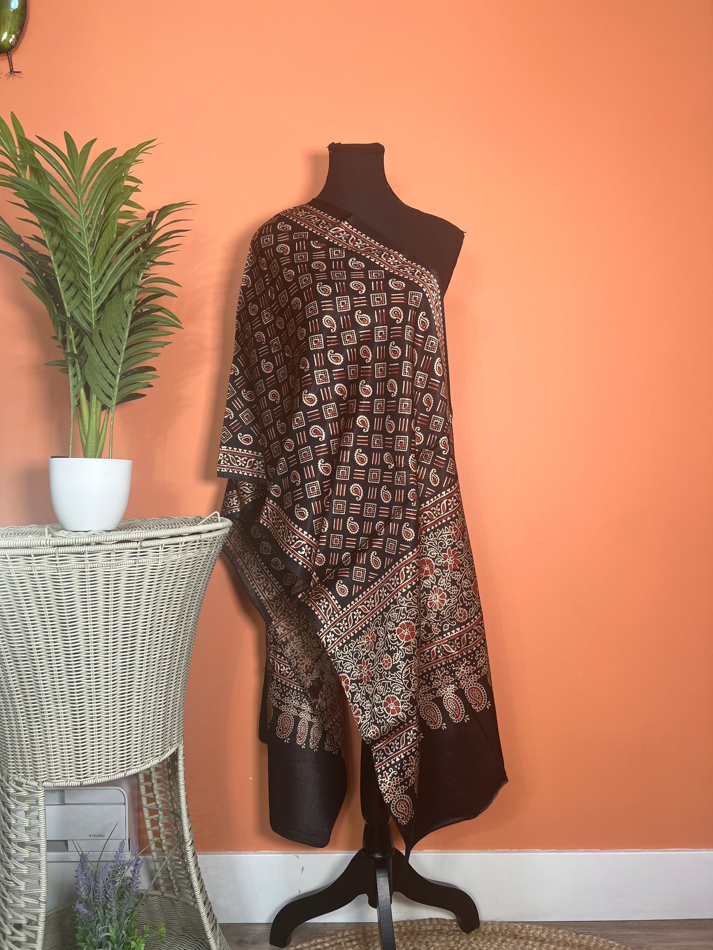 Ethnic Charm: Boho Ajrakh Mashru Silk Stole (Black multi dye) - Femantraa